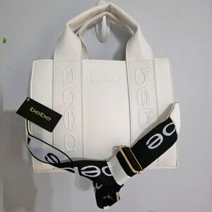 Bebe White Tote Shoulder Bag with Black Strap